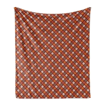 Abstract Soft Flannel Fleece Throw Blanket, Squares Traditional Inspired in Warm Tones Geometric Composition, Cozy Plush for Indoor and Outdoor Use, 70" x 90", Maroon Orange and Dimgray, by Ambesonne
