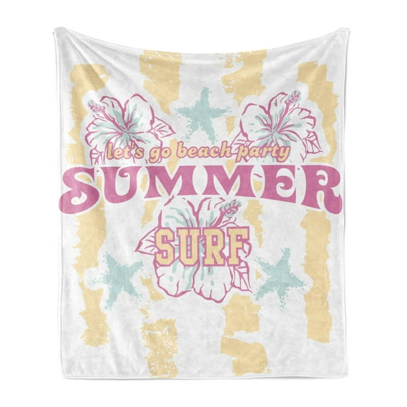 Abstract Soft Flannel Fleece Throw Blanket, Summer Theme Flowers and Surf Image in Vintage Designed Print, Cozy Plush for Indoor and Outdoor Use, 50" x 70", Pale Yellow White, by Ambesonne