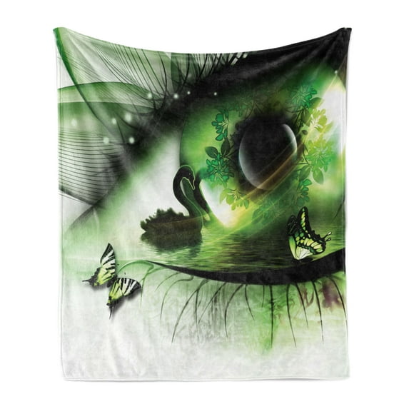 Abstract Soft Flannel Fleece Throw Blanket, Surreal Natural Artwork a Swan Floating in Eye and Flying Butterflies, Cozy Plush for Indoor and Outdoor Use, 50" x 70", Green Black White, by Ambesonne
