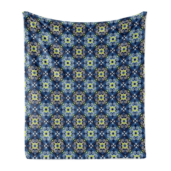 Abstract Soft Flannel Fleece Throw Blanket, Talavera Inspired Motifs, Cozy Plush for Indoor and Outdoor Use, 60" x 80", Apple Green Night Blue, by Ambesonne