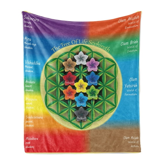 Abstract Soft Flannel Fleece Throw Blanket, Tree of Life Chart with and Universe Flowers Yoga Pattern, Cozy Plush for Indoor and Outdoor Use, 70" x 90", Multicolor, by Ambesonne