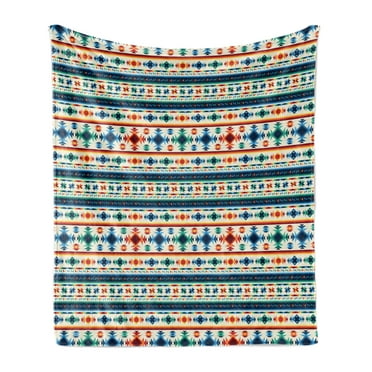 Abstract Soft Flannel Fleece Throw Blanket, Tribal Abstract Seamless Aztec Geometrical Prehistoric Pattern, Cozy Plush for Indoor and Outdoor Use, 70" x 90", Blue White and Orange, by Ambesonne