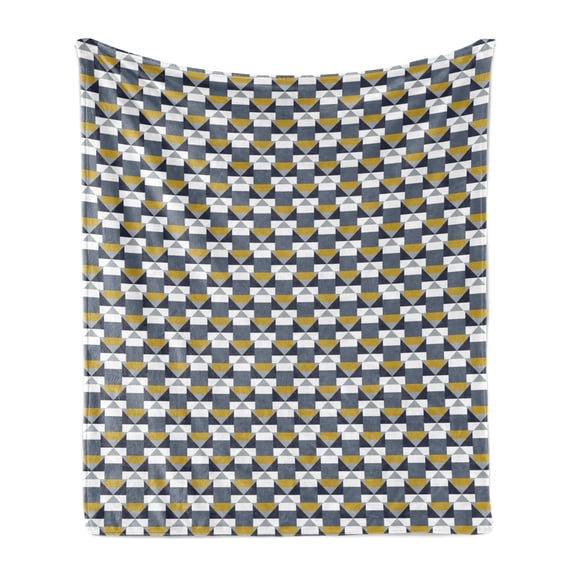 Abstract Soft Flannel Fleece Throw Blanket, Various Triangles and Random Polygons, Cozy Plush for Indoor and Outdoor Use, 60" x 80", Dark Yellow Blue Grey, by Ambesonne