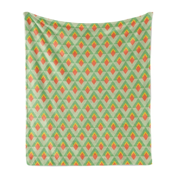 Abstract Soft Flannel Fleece Throw Blanket, Vintage Geometric Diamond Shaped Lines Stripes Symmetrical, Cozy Plush for Indoor and Outdoor Use, 70" x 90", Pale Green Orange, by Ambesonne