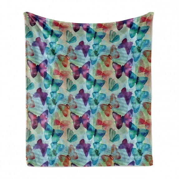 Abstract Soft Flannel Fleece Throw Blanket, Watercolor Rainbow Colored Butterflies and Letterings Music Notes Artwork Print, Cozy Plush for Indoor and Outdoor Use, 60" x 80", Multicolor, by Ambesonne