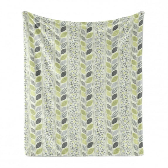 Abstract Soft Flannel Fleece Throw Blanket, Wavy Vertical Stripes Sketched Leaves and Tiny Flowers, Cozy Plush for Indoor and Outdoor Use, 50" x 70", Green Grey, by Ambesonne