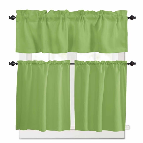 Abstract Solid Color Kitchen Curtains and Valances Set, Simple Avocado Green Low Saturation Rod Pocket Window Valance Window Curtain Panels for Living Room Bedroom Laundry, 27.5x24in, 3 Pieces