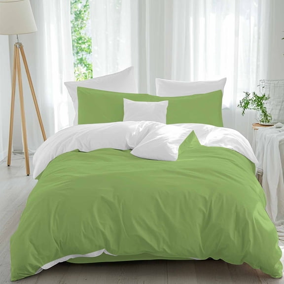 Abstract Solid Color Twin Duvet Cover Set, Simple Avocado Green Low Saturation 4 Piece Microfiber Bedding Set with Zipper Closure, Bed Sheet and 2 Pillow Shams, Soft Bedding Cover