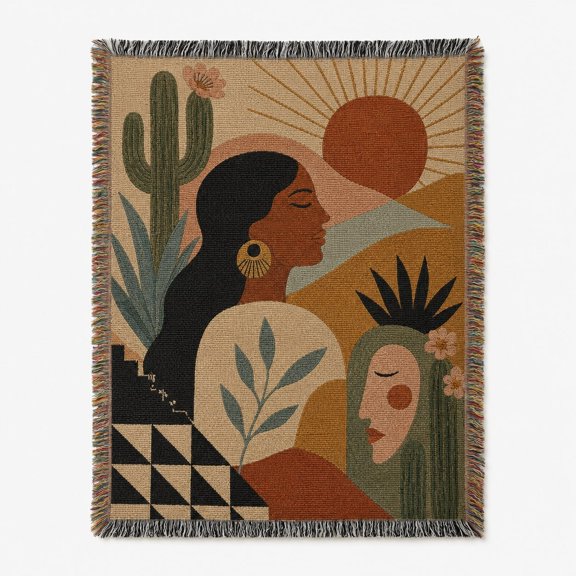 Abstract Southwest Woman Woven Cotton Blanket, Boho Cactus Sun Throw, Terracotta Earth-Tone Tapestry Wall Hanging