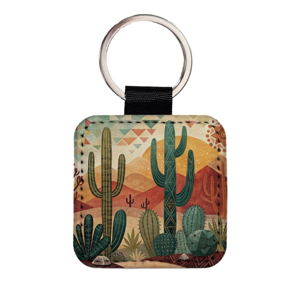 Abstract Southwestern Cactus Desert Design Faux Leather Square Keychain