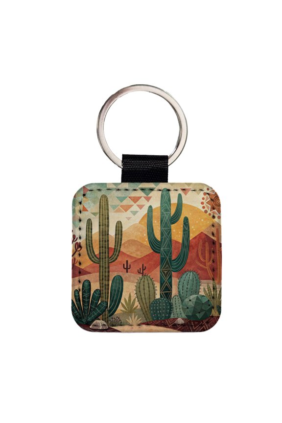 Abstract Southwestern Cactus Desert Design Faux Leather Square Keychain