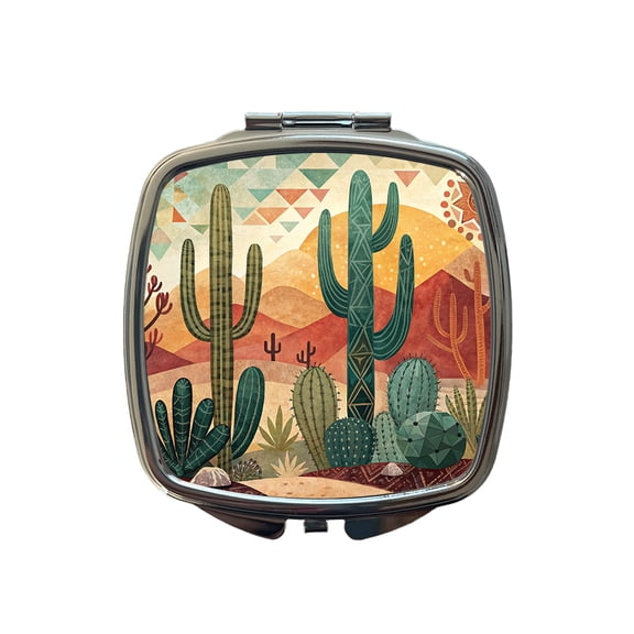 Abstract Southwestern Cactus Desert Design Travel Makeup Handbag Purse Small Pocket Compact Mirror