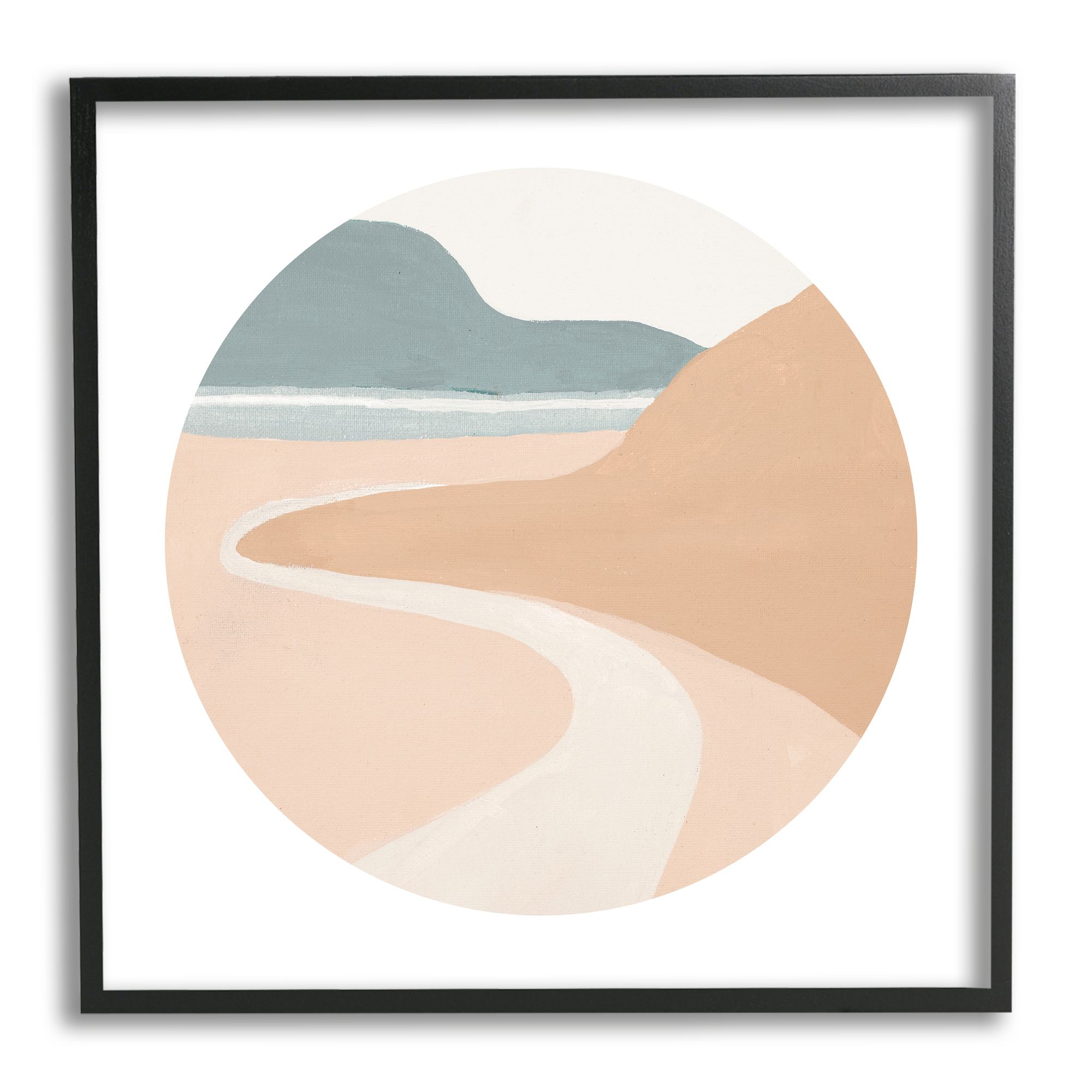 Abstract Southwestern Coastal Path Landscape Tan Blue Landscape Framed Art Print Wall Art, 17x17