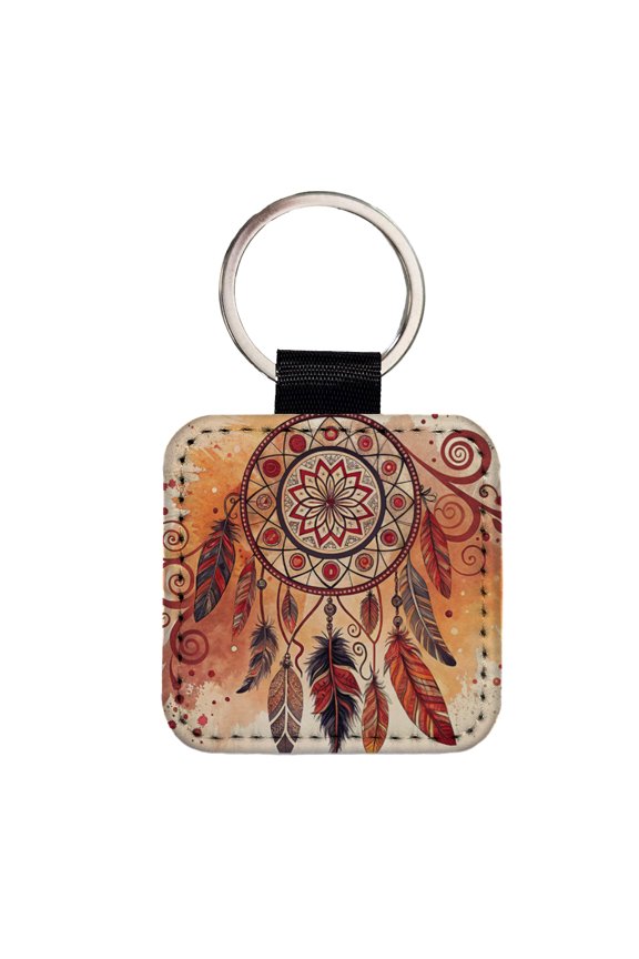 Abstract Southwestern Dream Catcher Design Faux Leather Square Keychain