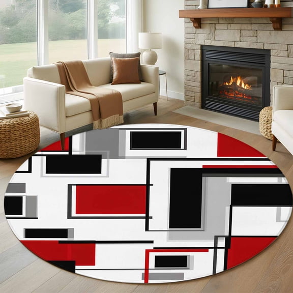 Abstract Space Design Sense 8FT Round Area Rugs for Living Room 111 Red Black Stitching Suqare Ultra-Thin Non-Slip Round Rugs Machine Washable Low Pile Circle Carpet for Bedroom Kitchen Nursery