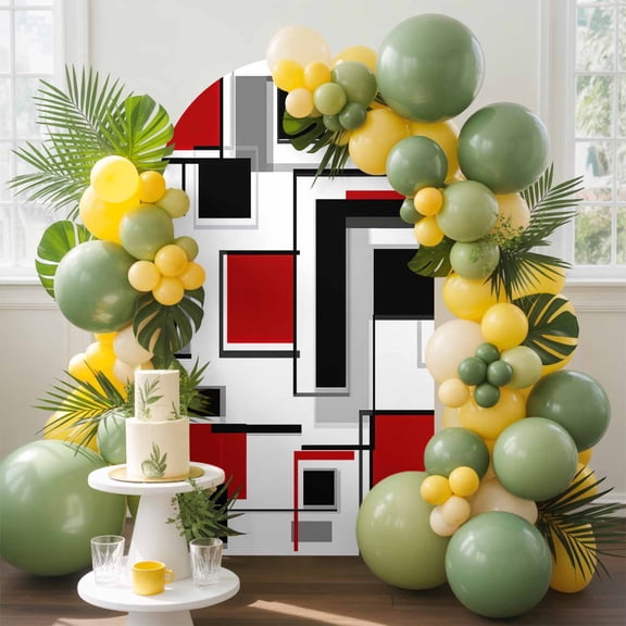 Abstract Space Design Sense Arch Backdrop Cover, 6.6FT, Red Black Stitching Suqare Spandex Arch Covers Double-Sided Backdrop for Wedding Birthday Party Photo Background Decoration