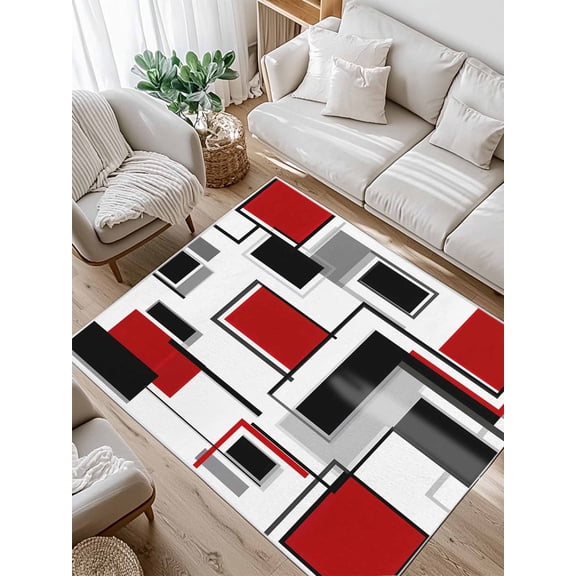 Abstract Space Design Sense Area Rug for Bedroom 2.7x5 Ft Red Black Stitching Suqare Super Soft fuzzy Throw Rug Non-Slip Fluffy Plush Indoor Floor Carpet for Living Room Nursery Home Decor