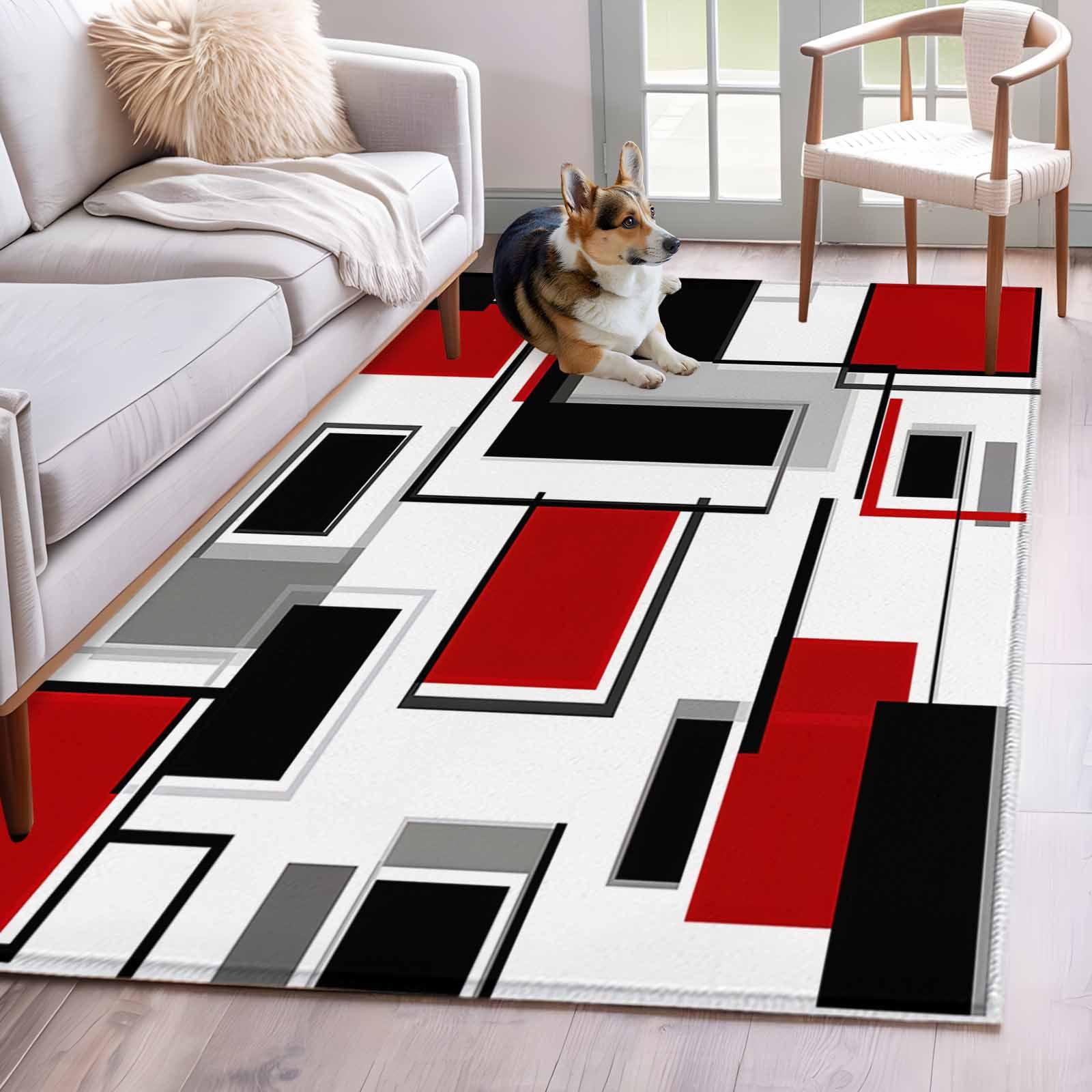 Floorsense Area Rug Abstract Space Design Sense Area Rugs 4x6 ft Red Black Stitching Suqare ...