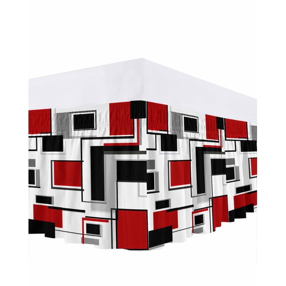Abstract Space Design Sense Bed Skirt Queen Size 18" Drop Red Black Stitching Suqare Ruffled Wrap Around Bed Skirts Adjustable Elastic Bedskirt Dust Ruffle for Queen Size Bed