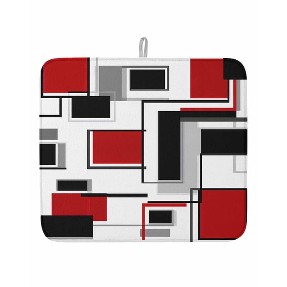 Abstract Space Design Sense Dish Drying Mat 16x18 inch Red Black Stitching Suqare Super Absorbent Microfiber Dish Drying Pad for Kitchen Countertops Sink Dish Drainer Racks Coffee Bar Mats 1 Pack