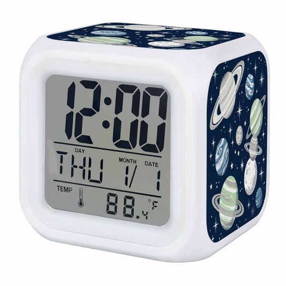 Abstract Space Digital Alarm Clock for Bedrooms, Smart LED Alarm Clock with 7 Color Changing Night Light, Modern Chic Universes Navy Blue Silent Wake Up Clocks for Sleep Study Cooking 3.2"x3.2"