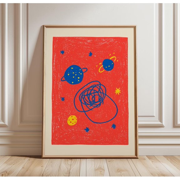 Abstract Space Doodle Poster, Retro Cosmic Wall Art, Minimal Planet Print, Poster Only