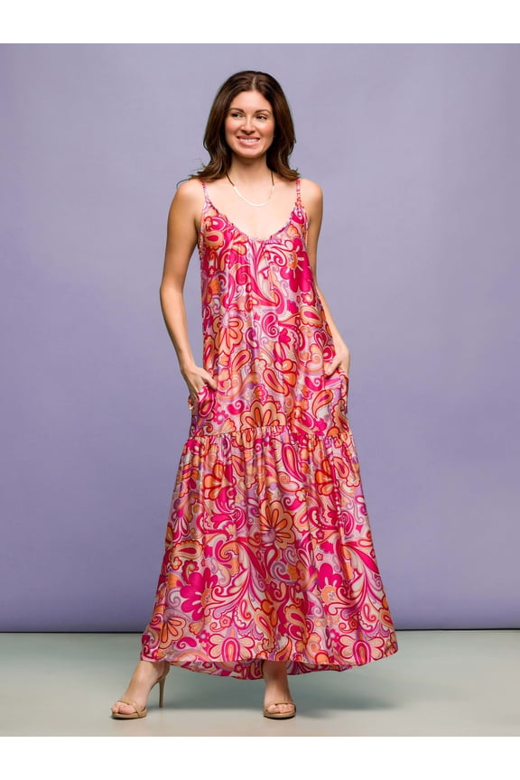 Abstract Spaghetti Strap Pocket Maxi Dress