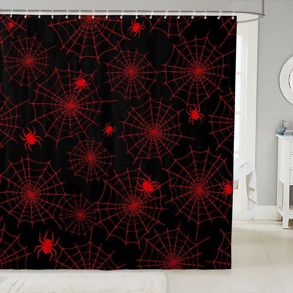 Abstract Spiders Web Shower Curtains,Halloween Spider Red Black Bath Curtain,Spider Web Cloth Fabric Bathroom Decor Set with Hooks,84" Long