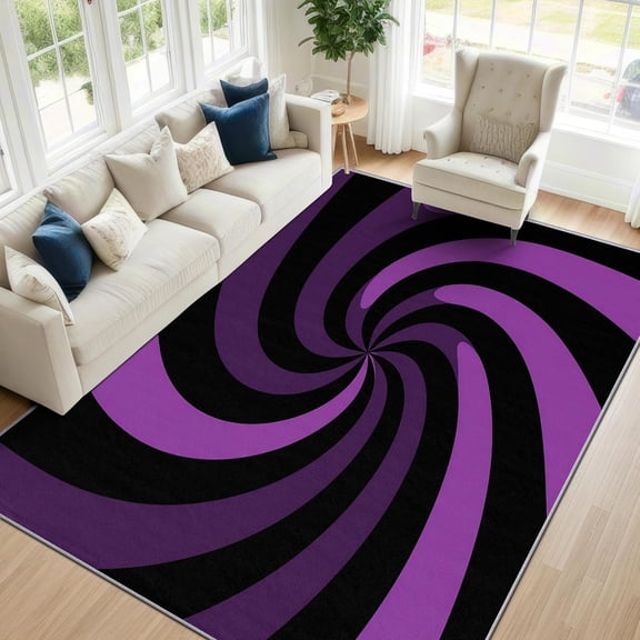 Abstract Spiral Area Rugs, Purple Black Vortex Carpet, Washable Non Slip Low Pile Soft Rug for Living Room Bedroom Decor Mat 5x7ft
