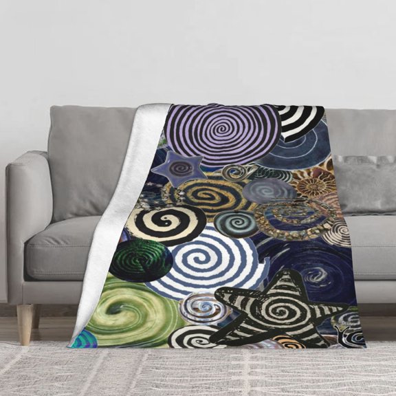 Abstract Spiral Starfish Flannel Blanket, 280g Soft Fleece Throw for Couch Sofa Bed, Hypnotic Swirl Pattern Vertical Plush Wrap, Artistic Navy Blue Decorative Cozy Blanket for Living Room Decor