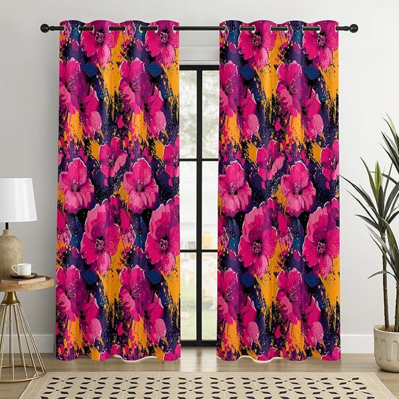 Gothic Floral Blackout Curtains - Royal Black & White Antique Print, 72x63 Inch, Noise Reducing For Bedroom