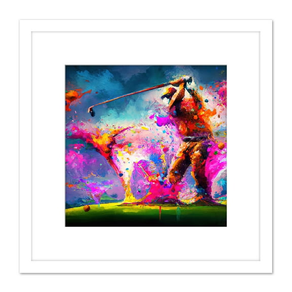 Abstract Splatter Art Golf Course Golfer Golfing Oil Painting Taking a Swing on Green Multicoloured Square Wooden Framed Wall Art Print Picture 8X8 Inch