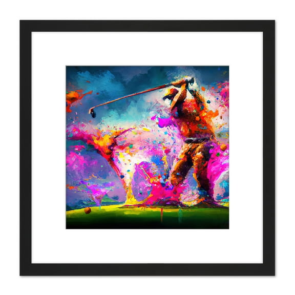 Abstract Splatter Art Golf Course Golfer Golfing Oil Painting Taking a Swing on Green Multicoloured Square Wooden Framed Wall Art Print Picture 8X8 Inch