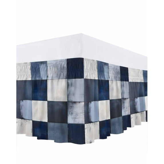 Abstract Splicing Bed Skirt California King Size 18" Drop Retro Blue White Watercolor Ruffled Wrap Around Bed Skirts Adjustable Elastic Bedskirt Dust Ruffle for California King Size Bed