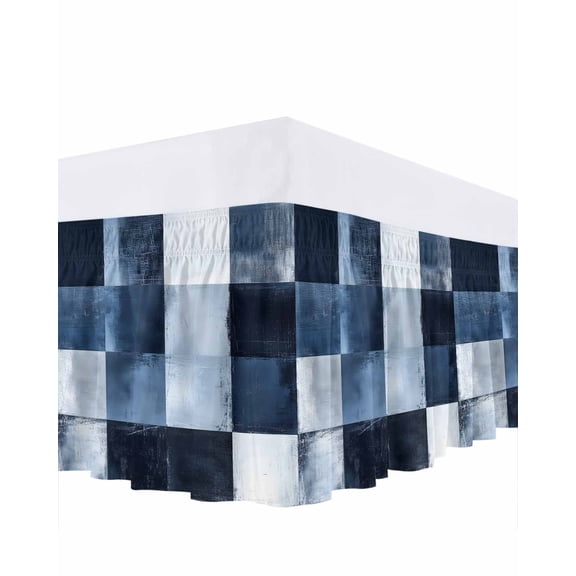 Abstract Splicing Plaid Bed Skirt Watercolor Navy Blue Bed Skirts California King Size 18 Inch Drop, Wrap Around Dust Ruffle&nbsp;Bedskirt with Adjustable Elastic Belt for Queen Size Beds