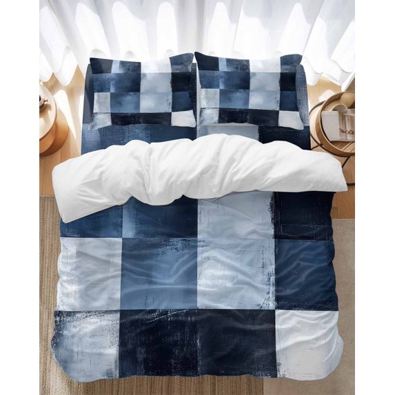 Abstract Splicing Plaid Bedding Duvet Cover Set King Size 4 Pieces Watercolor Navy Blue Bedding Set with Zipper Closure, 1 Comforter Cover 92x106 Inches 1 Flat Sheet & 2 Pillow Cases