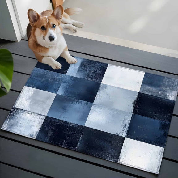 Abstract Splicing Plaid Washable Area Rug 2x3 Watercolor Navy Blue Low-Profile Area Rugs with Non Slip Backing Indoor Floor Carpet for Entrance Living Room Bedroom Home Office