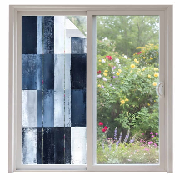 Abstract Splicing Plaid Window Privacy Film Watercolor Navy Blue Decorative Glass Window Film UV Blocking Static Cling Non-Adhesive Sticker Covering for Home Door 35.4x78.7 inches