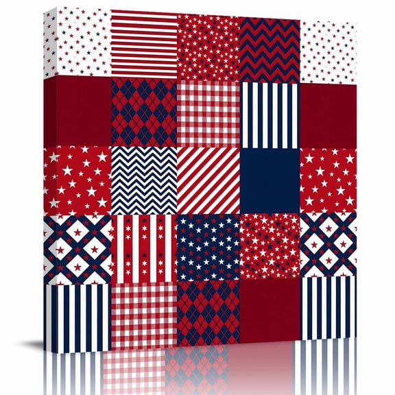 Abstract Splicing Stars Stripes Canvas Artwork Painting Art, Independence Day Red Blue White Square Framed Wall Decorations Prints Picture for Bedroom Kitchen Living Room, 8x8 in