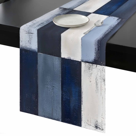 Abstract Splicing Table Runner 13x48 Inch Retro Blue White Watercolor Table Runner Non-Slip Dresser Scarves for Holiday Decorations, Party, Dinner and Gatherings, 1 Pack