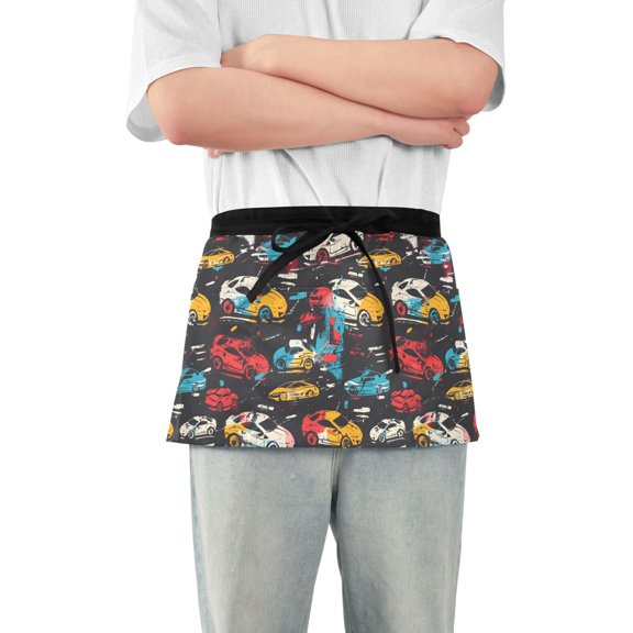 Abstract Sport Cars Server Apron with 3 Pockets Waterproof Waitress Waist Short Apron for Man Woman 12 Inches