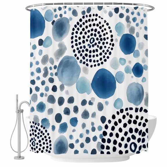 Abstract Spots Shower Curtain Modern Splatter Circles Navy Blue Waterproof Fabric Shower Curtain Set with 12 Hooks, Bathroom Curtains for Farmhouse Home Hotel Holiday Decor, 36" W x 72" L