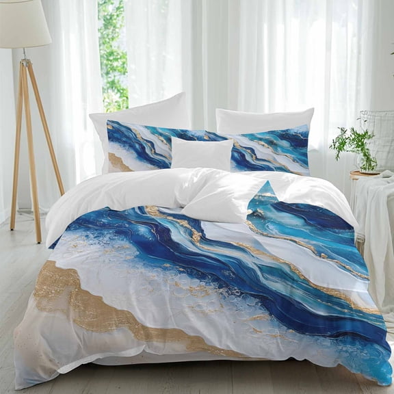 Abstract Spray Duvet Cover Set Queen Size, Gold White Blue Ocean Oil Painting Style 4 Piece Soft Microfiber Bedding Set with 1 Duvet Cover, 1 Flat Sheet, 2 Pillowcases