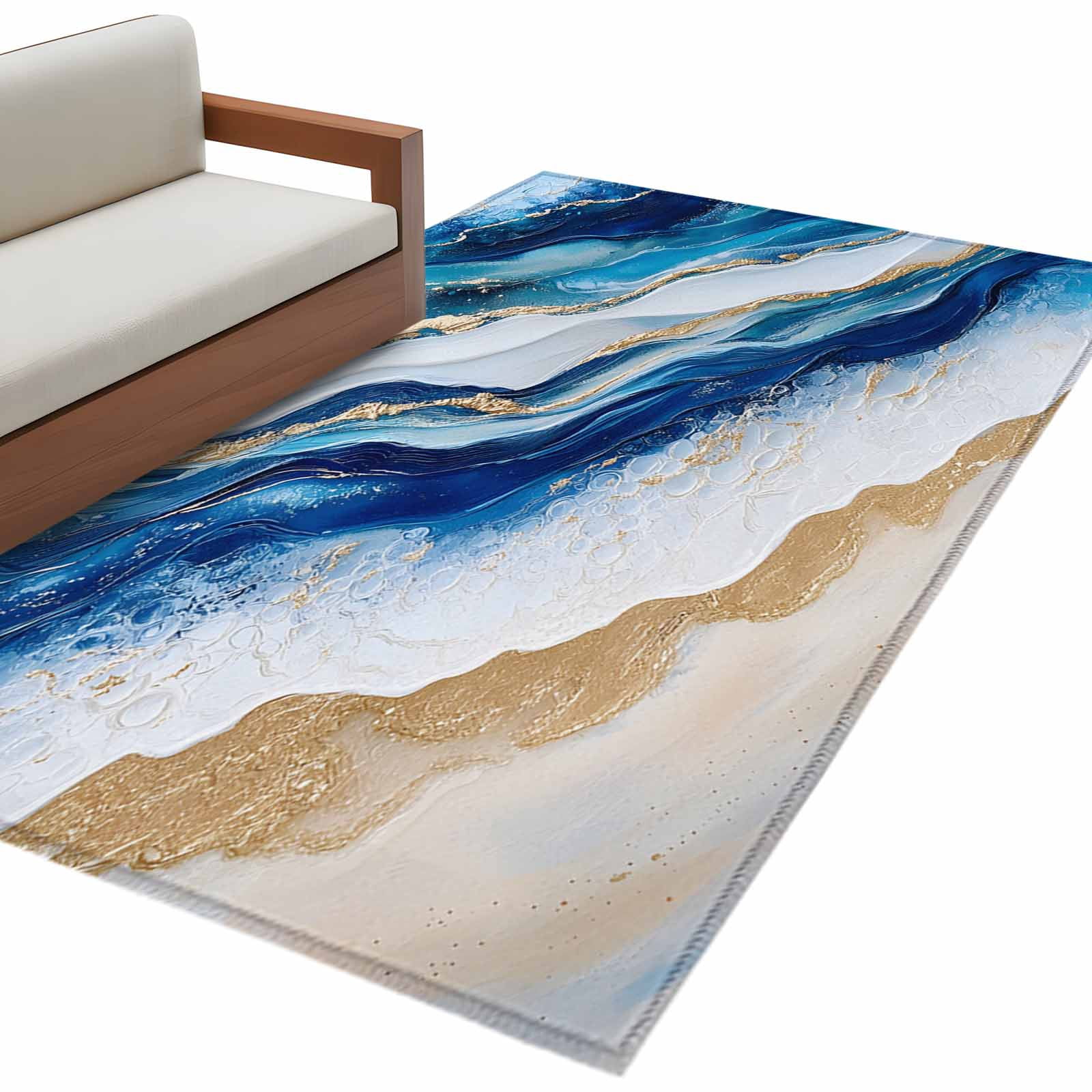 Abstract Spray Rectangle Area Rug 3x5 ft Gold White Blue Ocean Oil ...