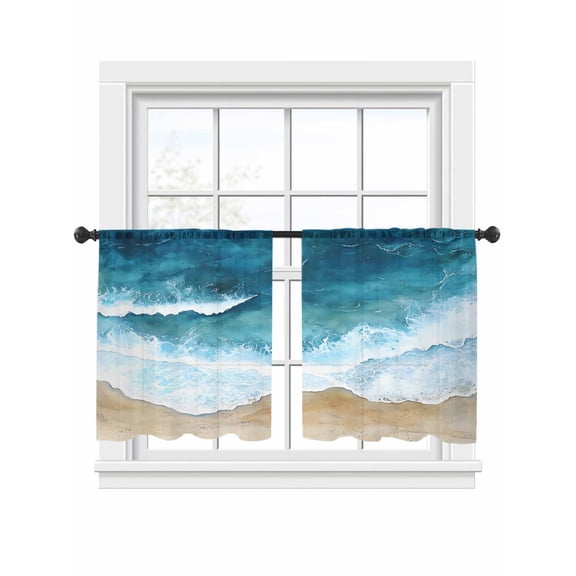 Abstract Spray Sheer Curtains 2 Panels Set Blue Waves Ocean Seaside Watercolor Sheer Window Curtains Light Filtering Rod Pocket Voile Drapes for Bedroom Living Room 52"x54"