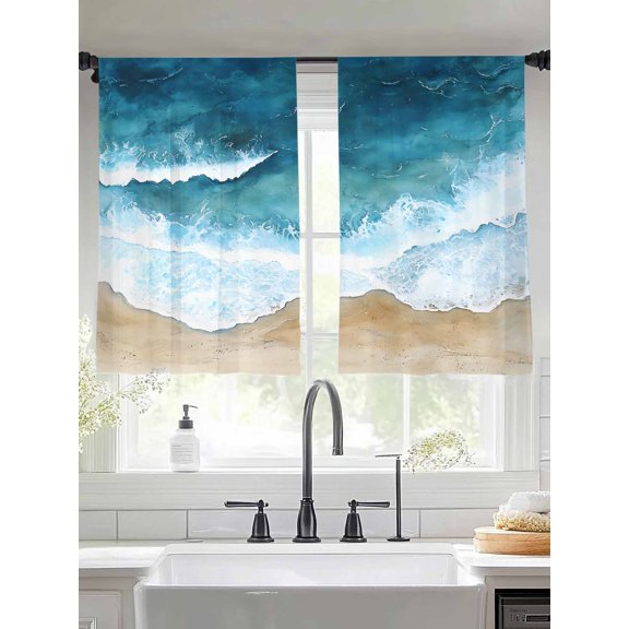 Abstract Spray Sheer Curtains 54 Inches Long 2 Panels Blue Waves Ocean Seaside Watercolor Light Filtering Semi Sheer Window Curtains Drapes for Bedroom Living Room 52"x54"