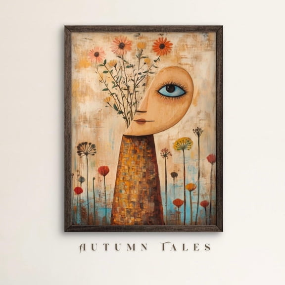 Abstract Spring Blossoms Poster Wall Art Folk Surreal Face Print Warm Earthy Floral Decor Home Decor, 12x18 UNFRAMED