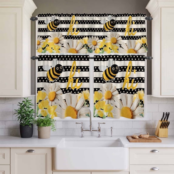 Abstract Spring Daisy Tulips Bee Curtain Tier and Valance Set 3 Piece ...