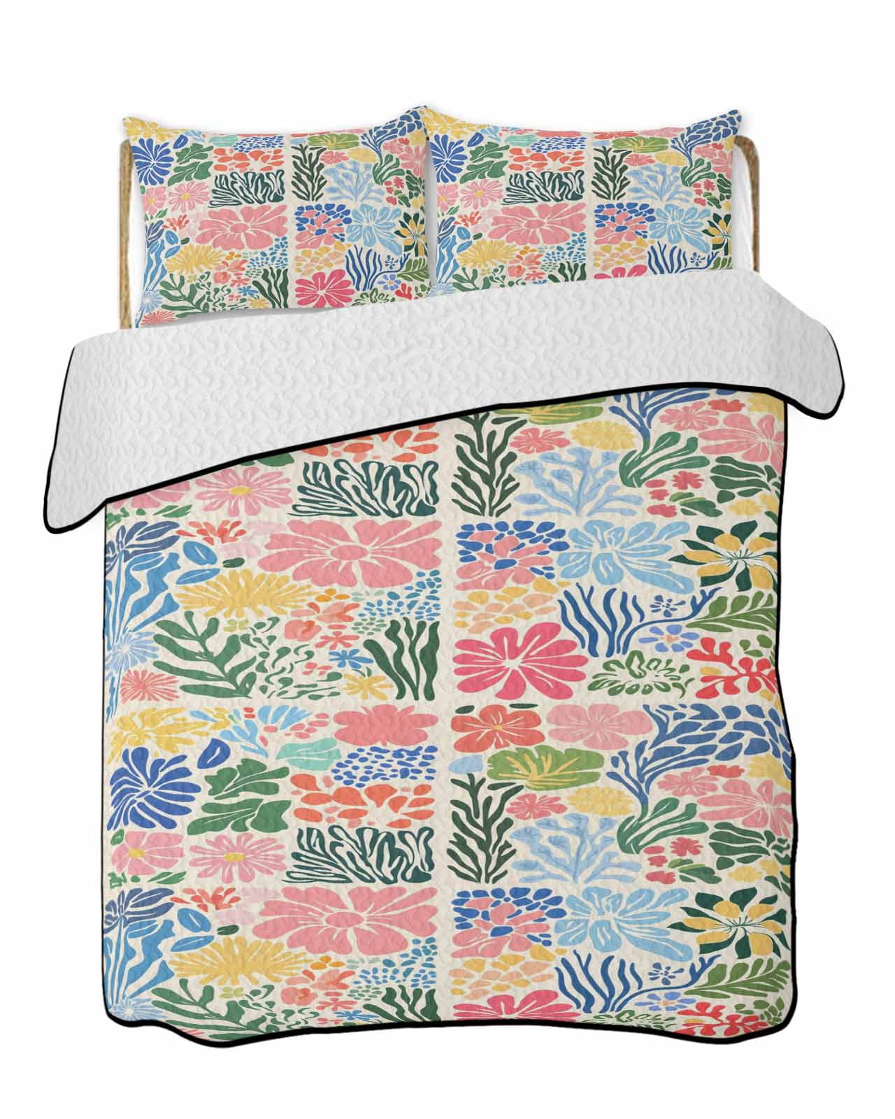 Spring Quilt Set Abstract Spring Floral 3 Pieces Quilt Set, 1 Quilt with 2 Shams, Retro ...