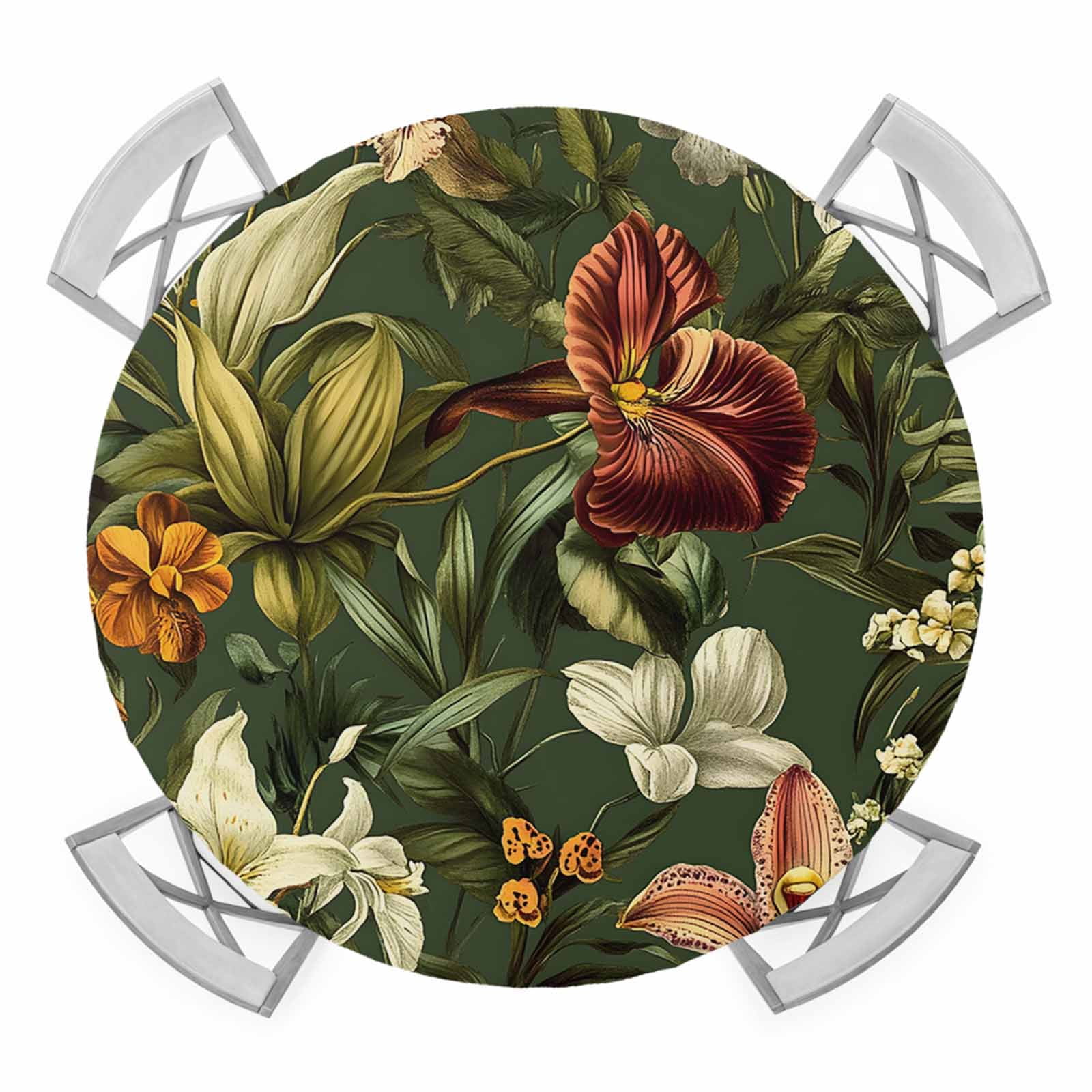Abstract Spring Flowers Elastic Fitted Round Table Cover Leaf Plant ...
